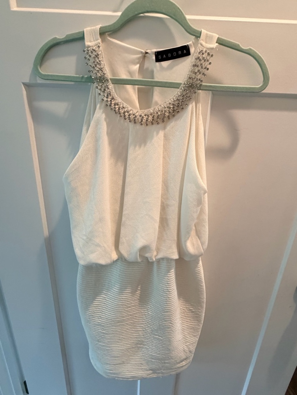 Sabora White Beaded Neck Dress Sleeveless Blouson Cocktail Size medium
